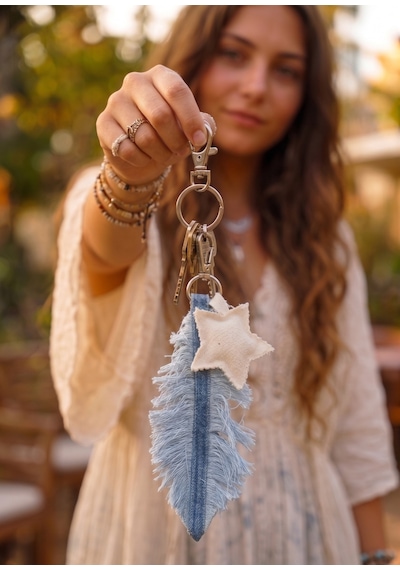 El İşçiliği Yaprak Yıldız Detaylı Denim Çanta Charm Mavi - Bej