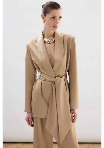 Sateen Kuşaklı Saten Ceket - Camel-137008 CAMEL