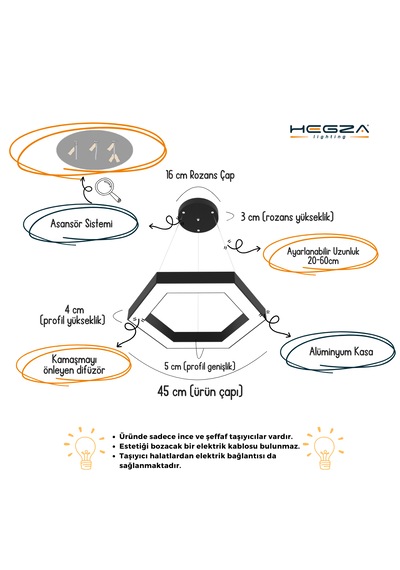 Hexagon Gri Kasa, Sarı Işık Modern Sarkıt Led Avize GRİ RENK