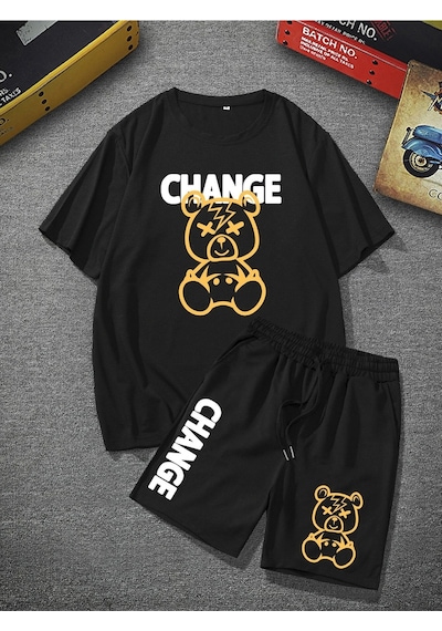 Unisex Oversize Change Baskılı Siyah Bisiklet Yaka T-shirt Şort Siyah