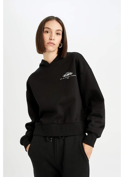 DeFacto Boxy Fit Kapüşonlu Baskılı Kalın Siyah Sweatshirt D6717AX24WNBK81 Siyah