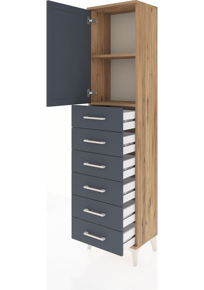 Arges Dolap 2 Raflı 6 Çekmeceli Tek Kapaklı 44x30x182 Çam-ant... Çam