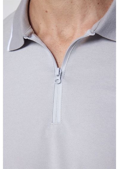 Tudors Erkek Slim Fit Dar Kesim Pamuklu Fermuarlı Gri Polo Yaka Tişört-27588 Gri