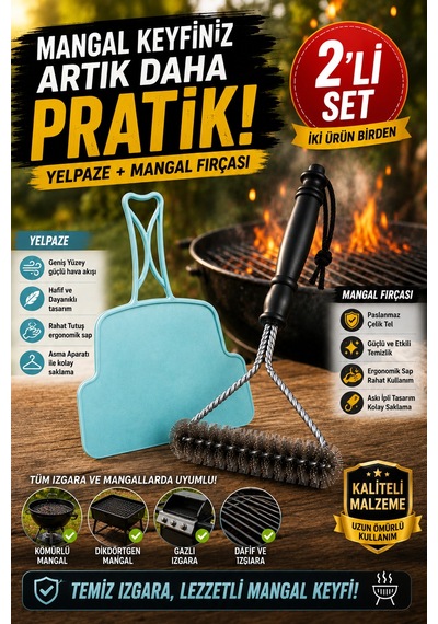 2'li Set Mangal Yelpazesi Ve Izgara Temizlik Fırçası Kamp Piknik Barbekü Mangal Aksesuarı Pratik