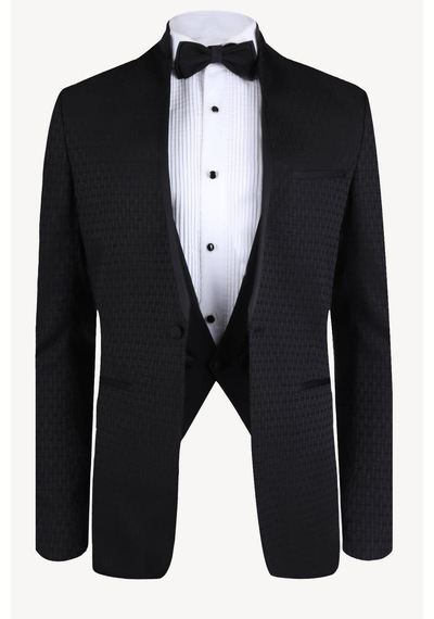 Ysf Erkek Siyah Slim Fit Hakim Yaka Yelekli Desenli Damatlık