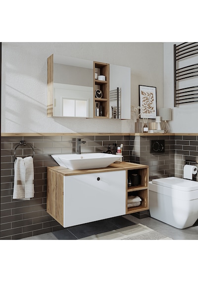 Lotus Lavabolu Mdf 95 Cm Banyo Dolabı + Aynalı Üst Dlp Atlantik Çam - Beyaz