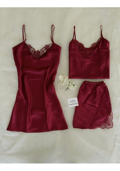 Mh Moony Homewears 3'lü Asil Bordeaux Saten Bordo Çeyiz Seti Bordo