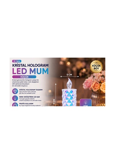 12 Adet Led Candle Kamp Küçük Boy Çap:5cm - Y: 9cm Pilli Led Mum Mika Kristal Plastik Yakut-13635 5580 Çok Renkli