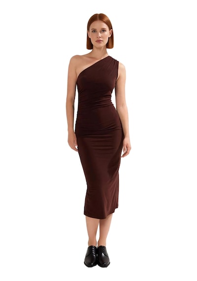 Ersefa Bodycon Midi Elbise Kolsuz Tek Omuz Örme Kumaş Günlük Şık Dayanık Kahverengi