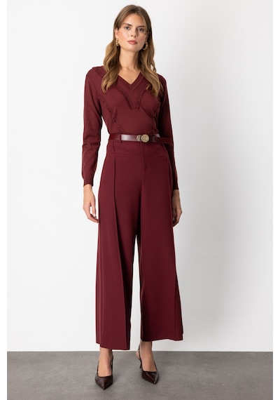 On Kadın Beli Kemerli Bol Paça Pantolon 64133 Bordo Bordo
