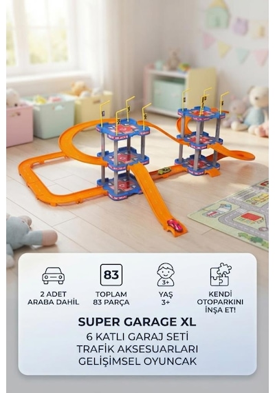 6 Katlı Büyük Otopark - 83 Parça 2 Araba Hediyeli Eğlenceli Eğitici Süper Garaj Seti