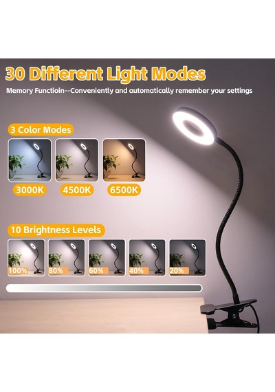 Adaptörlü Işık Üzerinde Masa Lambası Klipsi, Usb Şarj Bağlantı Noktalı 48 Led Okuma Lambası, 3 Renk Modu 10 P