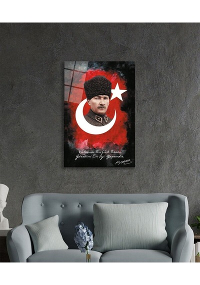 Miyrem Glasses Collection -a1^ Özlü Sözlü Atatürk Türk Bayrağı Cam Tablo