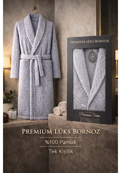 %100 Pamuktan Üretim Premium Lüks Bornoz Özel Çantalı Gri