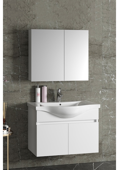 Yıldız 80 Cm Beyaz Mdf Seramik Lavabolu Asma Banyo Dolabı Takımı Beyaz