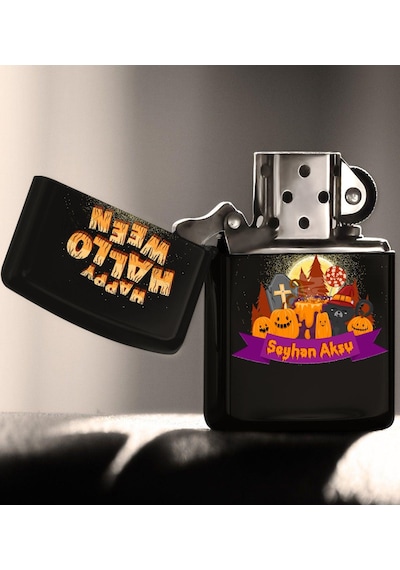 Kişiye Özel Happy Halloween Tasarımlı Renkli Baskılı Siyah Benzin (514255533)
