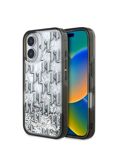 Apple Uyumlu iPhone 16 Kılıf Karl Lagerfeld Lisanslı Simli Kl Yazılı Monogram Gradient Kapak Siyah