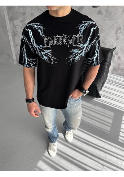 Erkek Yıldırım Şimşek Baskılı T-shirt Kısa Kol Bisiklet Yaka Tişört - Siyah Siyah