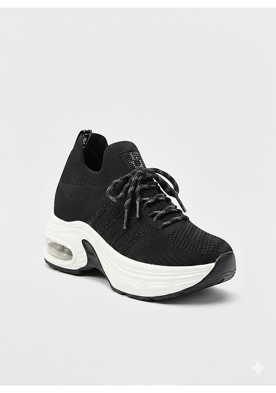 Lescon Voyager Taşlı Bağcıklı Triko Kalın Dolgu Taban Kadın Sneaker Ayakkabı B279 Siyah