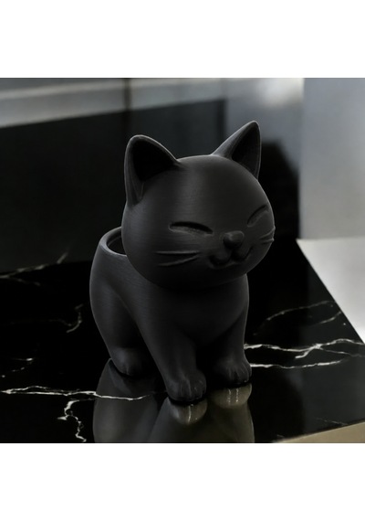 3d Baskı Sevimli Kedi Saksı - Figürlü Sukulent Saksısı-siyah