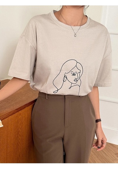 Korsan Kız Baskılı Unisex Bej Oversize T-shirt Bej