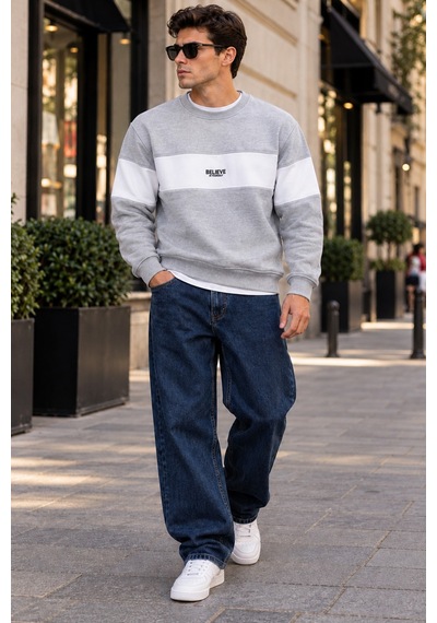 Tarz Cool Erkek Şerit Detaylı Believe Baskılı 3 İplik Şardonlu Bisiklet Yaka Sweatshirt Gri
