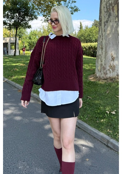 Madmext Bordo Bisiklet Yaka Örgü Desenli Kadın Triko Kazak Mg2520 Bordo