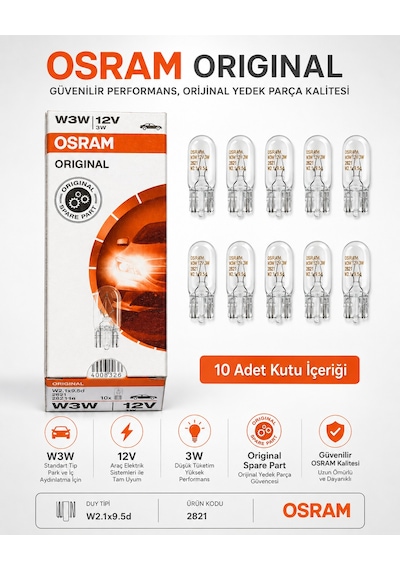 Osram T10 W3w 2821 Ampul 10'lu Paket 12v 3w W2.1x9.5d Park Lambası İç Aydınlatma Ampul Seti