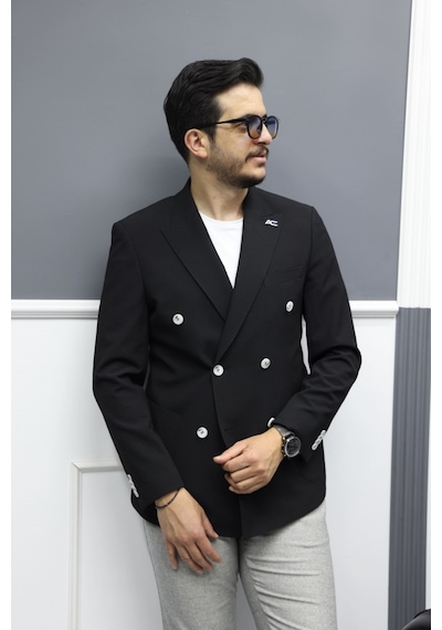 Avni Ceylan Verde Dokulu Gofre Kumaş İtalyan Stil Slim Fit Kruvaze Erkek Ceket Siyah