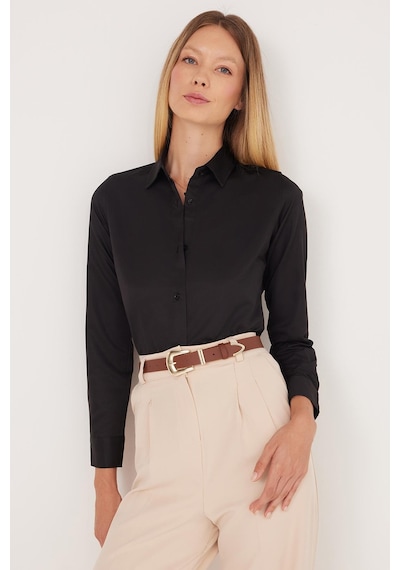Tudors Kadın Slim Fit Dar Kesim Vucüda Oturan Uzun Kollu Siyah Basic Gömlek-35323 Siyah