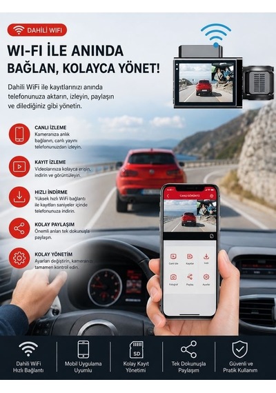 Wi-fi 1080p Araç İçi Kamera 5mp, 170 Açı, Araba Kamerası G-sensör, Döngü Kayıt, 150mah Batarya