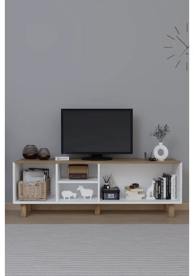 Bohem Serisi Garden Meşe - Beyaz Pvc Hasır Desen Tv Ünitesi Açık Ceviz & Beyaz