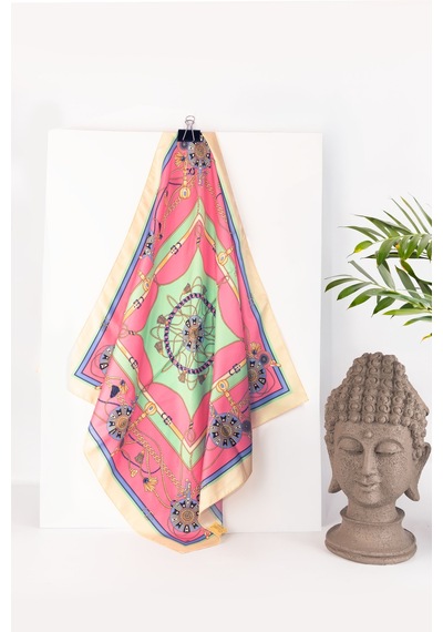 Inno 60x60 Cm Premium Saten Desenli Dikişli Fular Mavi