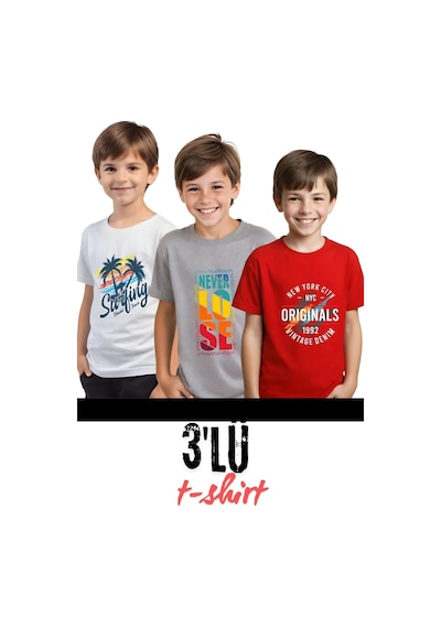 Panios Kids Unisexs 3lü Yuvarlak Yaka Çocuk Baskılı Kısa Kollu T-shirt Çok Renkli