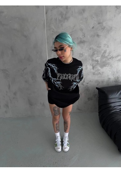 Freedom Storee Kadın Bisiklet Yaka Baskılı Kısa Kol Oversize T-shirt - Siyah Çok Renkli