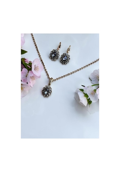 Kristal Taşlı Oval Kolye Ve Küpe Seti Gri 03202189