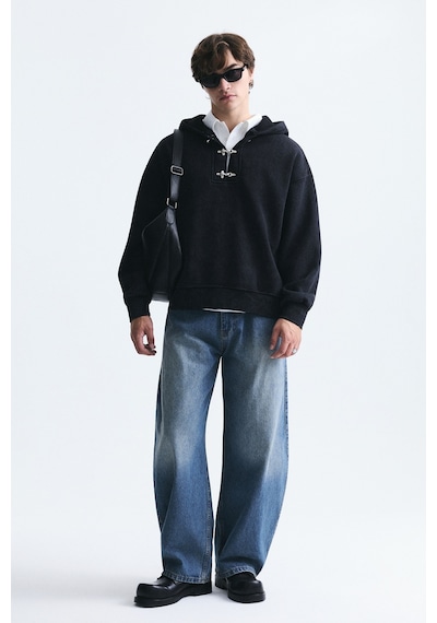 Vamos Boxy Fit Metal Klips Kapama Sweatshirt Siyah