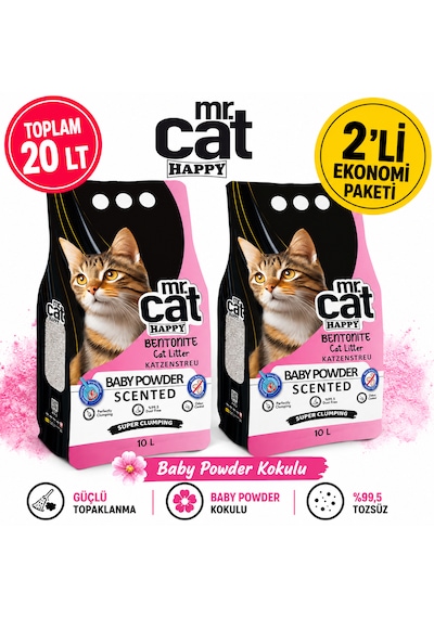 Mr.cat Happy Baby Powder Kokulu Bentonit Kedi Kumu 10 Lt X 2 Adet Toplam 20 Lt Güçlü Topaklanan %99,5 Tozsuz