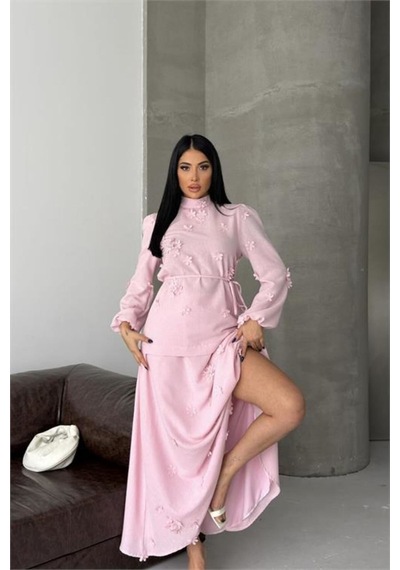 Neşeli Butik Kadın Pembe Keten Kumaş Çiçek Aplikeli Hakim Yaka Etekli Takım Nbms2629