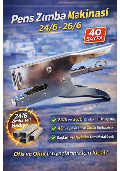 Pens Zımba Makinesi 24/6 26/6 Uyumlu 40 Sayfa Kapasiteli Tam Metal Gövde