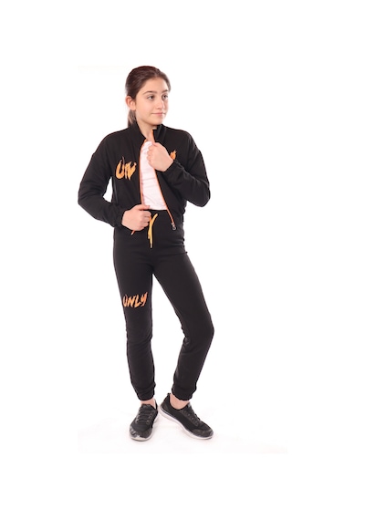 Toontoy Kids Kız Çocuk 2'li Takım Baskılı Dik Yaka Fermuarlı Sweatshirt & Beli Paçası Lastikli Jogger Eşofman Altı - 2 İplik Siyah