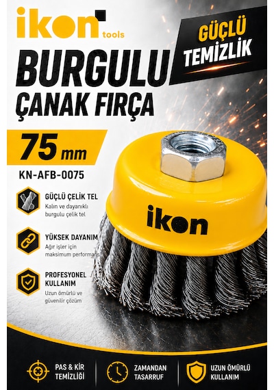 İkon Tools Burgulu Çanak Fırça 75 Mm Taşlama Uyumlu Çelik Tel Fırça Pas Kir Boya Temizleme Fırçası
