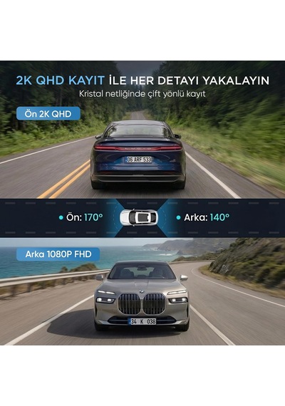 C20 2k Qhd Ön + Fhd Arka 2 Kameralı Wifi Gps Hdr Araç Kamerası 3.2" Ips Ekranlı 170 Derece Geniş Açı Gece Görüş