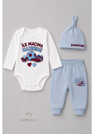 Babyden's Bebek 3'lü Takım Bordo Mavi Taraftar Temalı Uzun Kol %100 Pamuk Yenidoğan Body Pantolon Şapka Seti İlk Maçıma Hazırım 0-9 Ay