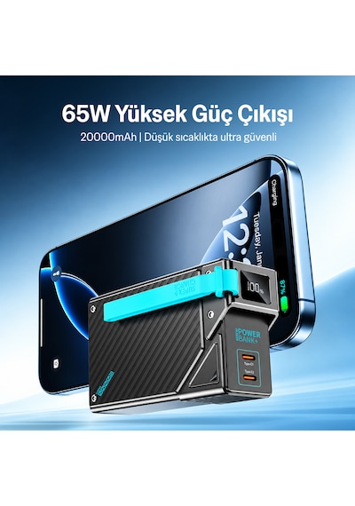 Bix Pb2065w 20000mah 65w Süper Hızlı Şarj Özellikli Powerbank Askılı Tasarım Pd Destekli Dijital Göstergeli Taşınabilir Şarj Cihazı Siyah