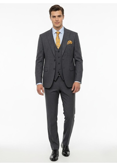 Presto Erkek Slimfit Armürlü 6 Drop Yelekli Takım Elbise Füme 786-070 Gri