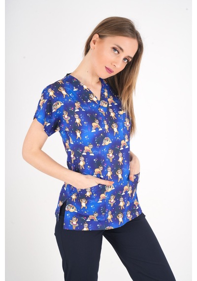 Unisex Stars Club Desenli Doktor Hemşire Hastane Aşçı Mutfak Scrubs Tek Üst Üniforma Saks Mavi