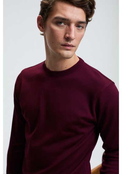 Grimelange VAREX Erkek Yuvarlak Yaka Basic Slim Fit Triko Bordo Kazak