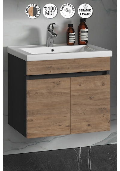 Çiğdem 65 Cm Antrasit Gri Mat-Atlantik Çam Mdf Banyo Alt Dolabı Antrasit - Atlantik Çam