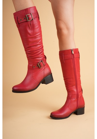 Analin Shoes Kadın Hakiki Deri Körüklü Ayarlanabilir Tokalı Çizme Kırmızı